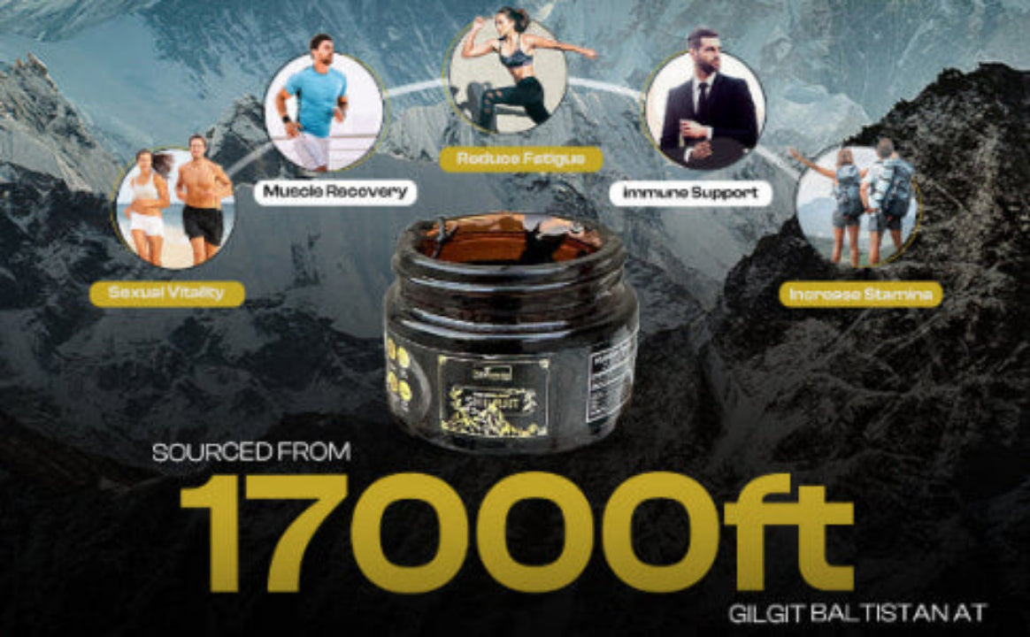 Black jar with gold text on a mountainous background, featuring people and health benefits.